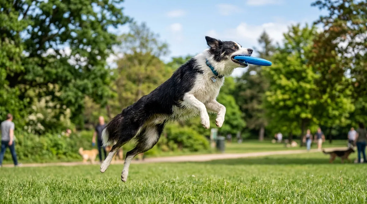 Border collie w skoku łapie frisbee w parku