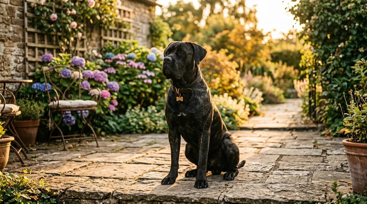 Cane corso siedzi na kamiennym tarasie w popołudniowym słońcu