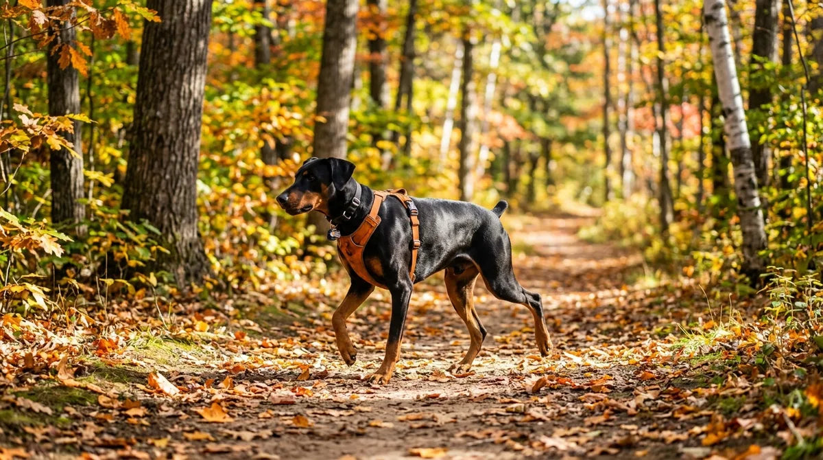 Doberman biegnie truchtem leśną ścieżką jesienią