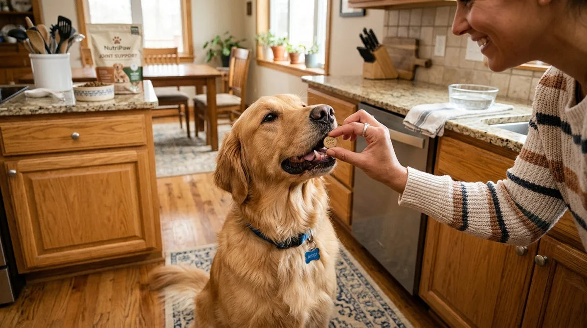 Dłoń podaje tabletkę na stawy golden retrieverowi w domowej kuchni