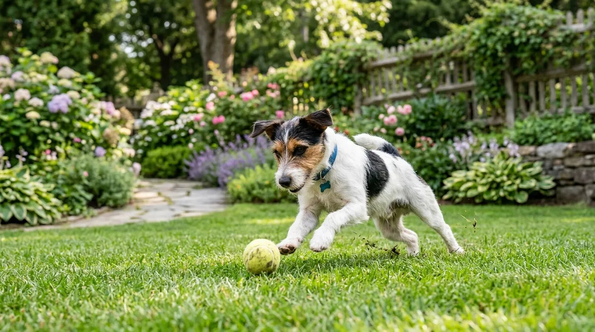 Jack russell terrier biegnie z piłką po trawniku w ogrodzie