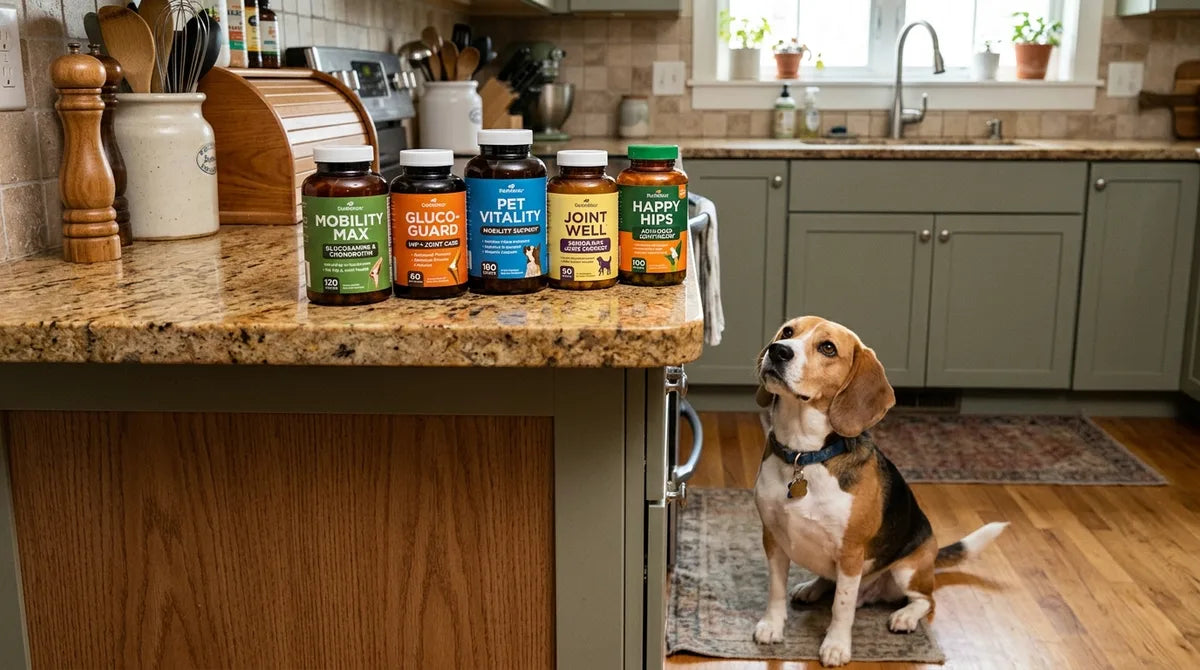 Kilka opakowań suplementów na stawy dla psa na kuchennym blacie, beagle patrzy w górę