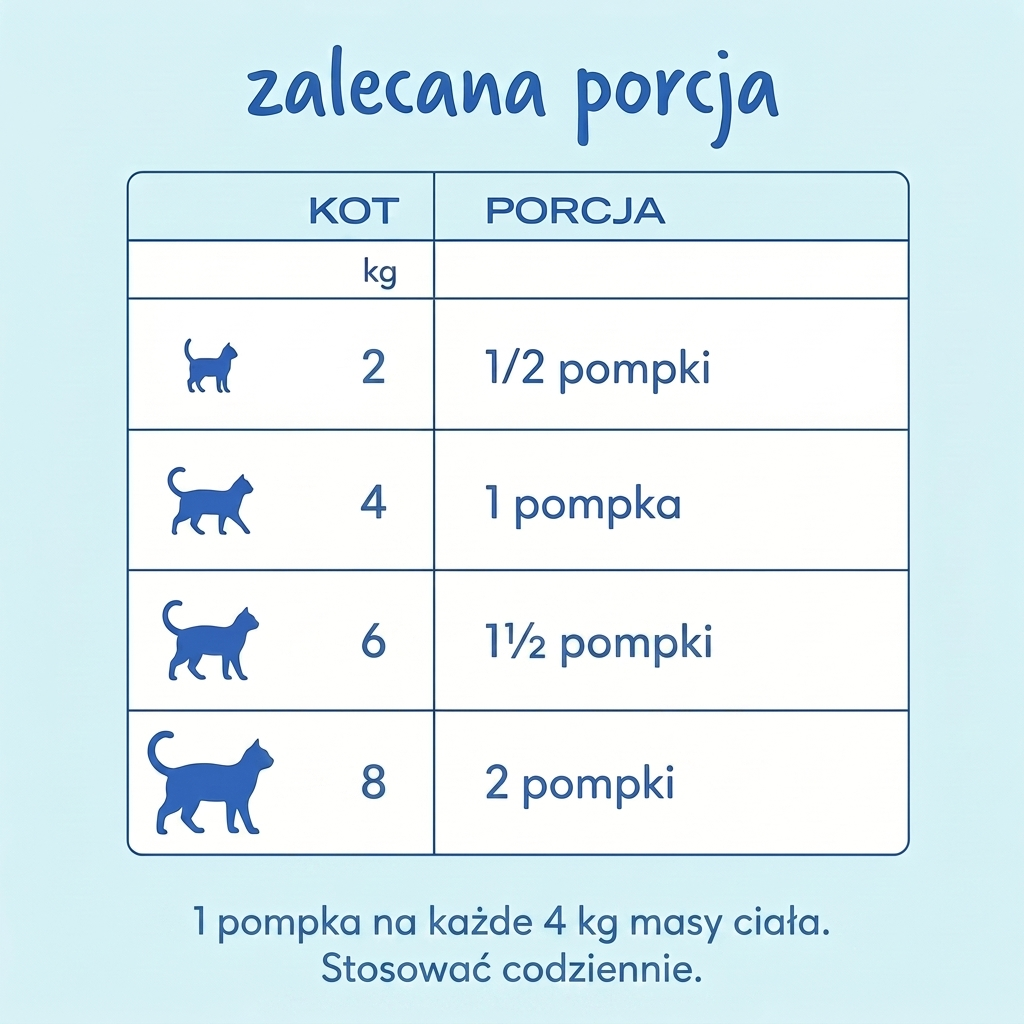 Zalecana porcja Pawmate Kolagen dla Kota - 1 pompka na 4 kg masy ciala