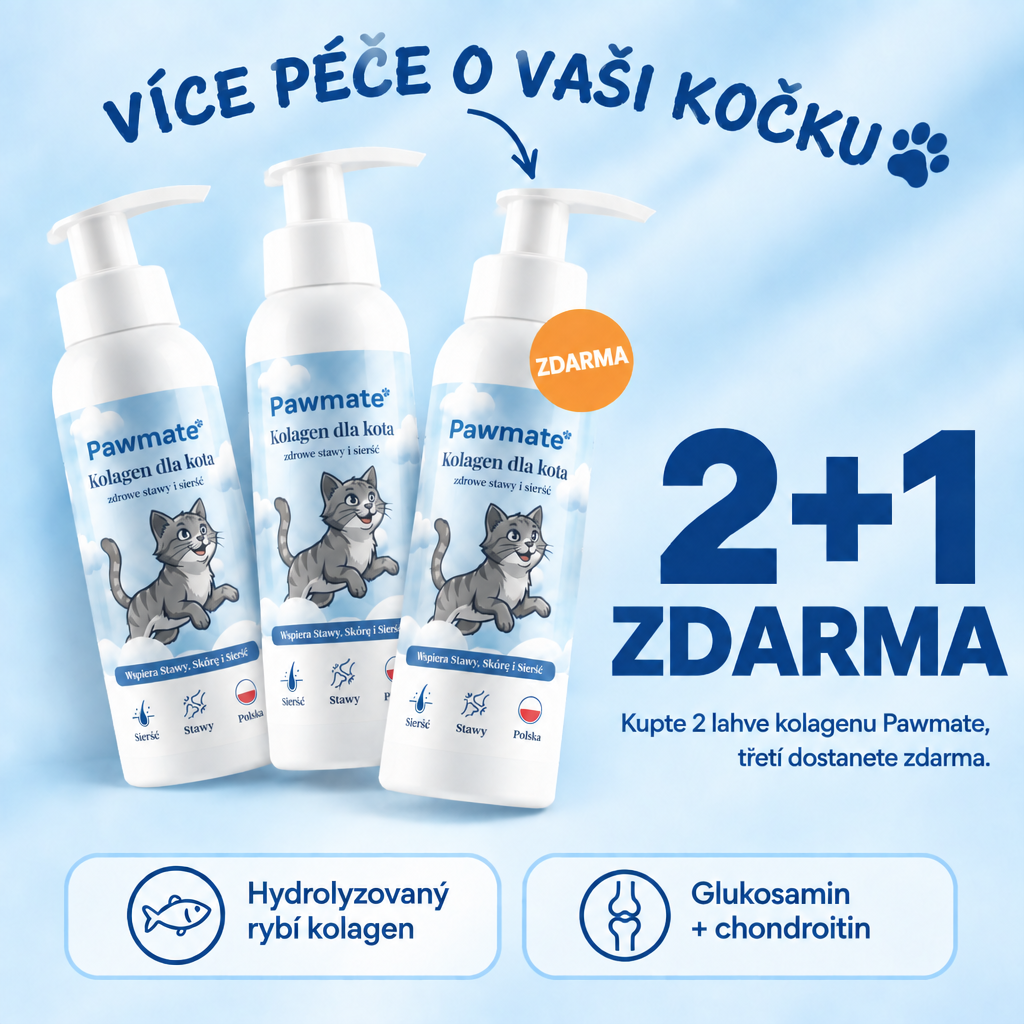 Pawmate Kolagen pro kočky – balíček 2+1 zdarma: kupte 2 lahve, třetí dostanete zdarma