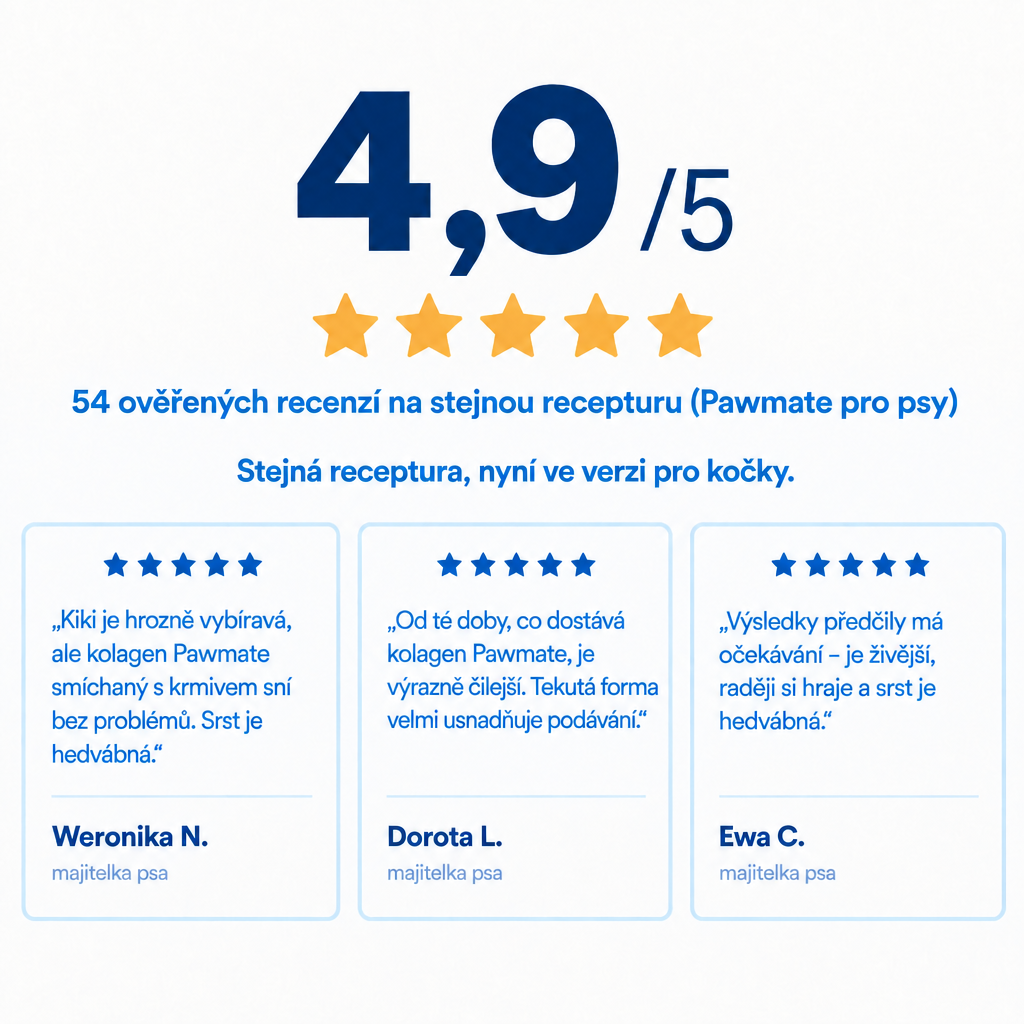 Hodnocení 4,9/5 – recenze stejné receptury Pawmate pro psy