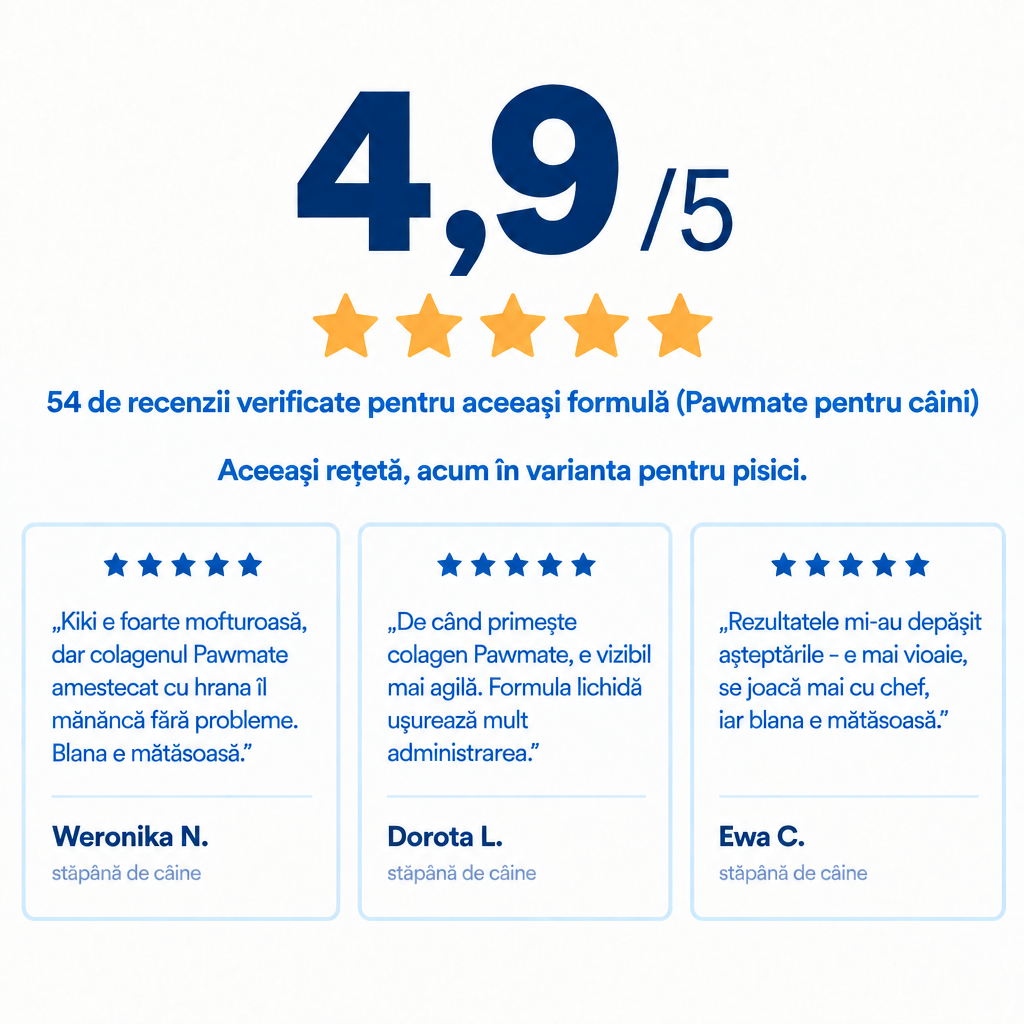 Evaluare 4,9/5 – recenzii pentru aceeași formulă Pawmate pentru câini
