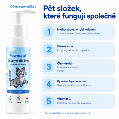 Složení Pawmate Kolagen pro kočky – rybí kolagen, glukosamin, chondroitin, kyselina hyaluronová, vitamin C