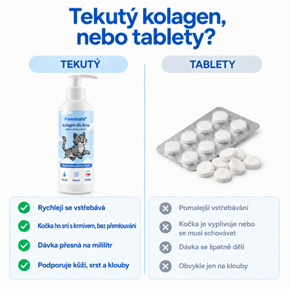 Tekutý kolagen pro kočky, nebo tablety – srovnání