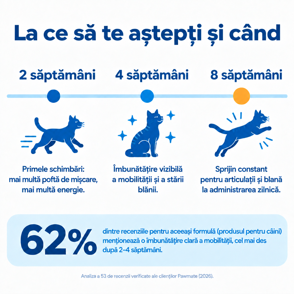 La ce să te aștepți de la Pawmate Colagen pentru pisici – după 2, 4 și 8 săptămâni de administrare regulată