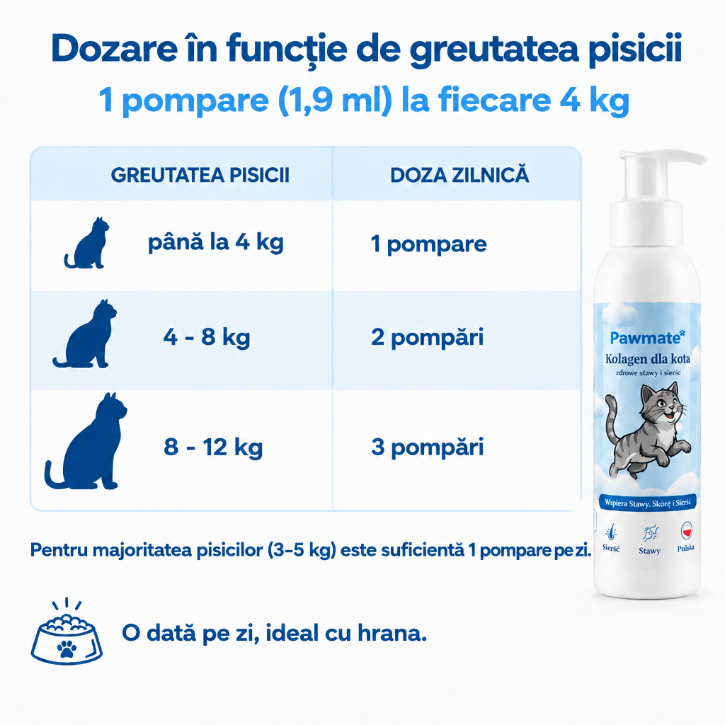 Dozarea Pawmate în funcție de greutatea pisicii – 1 pompare (1,9 ml) la fiecare 4 kg