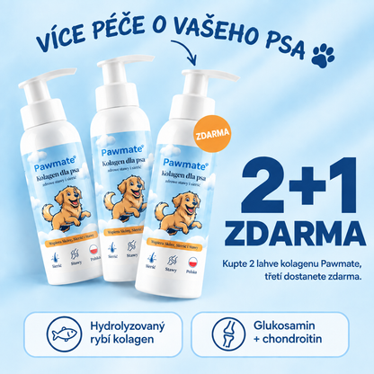 Pawmate Kolagen pro psy – balíček 2+1 zdarma: kupte 2 lahve, třetí dostanete zdarma