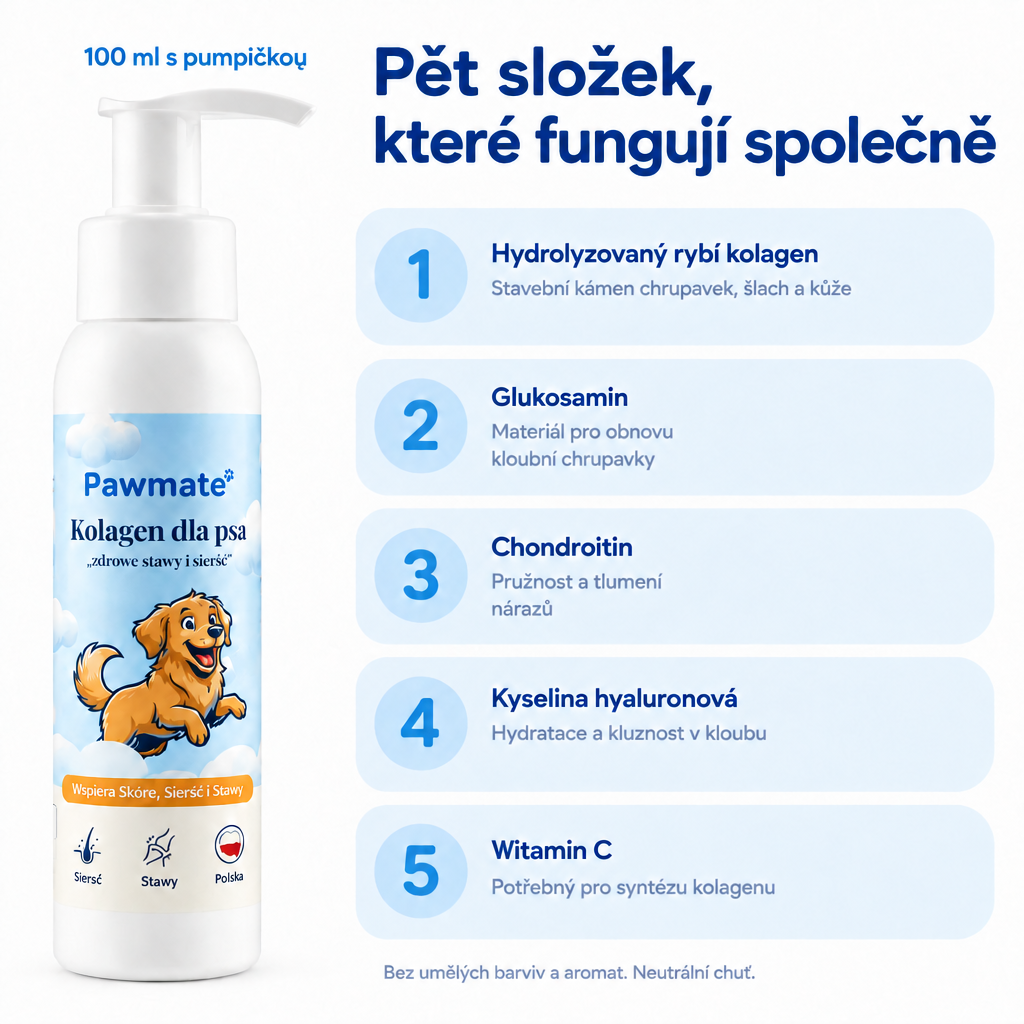 Složení Pawmate Kolagen pro psy – rybí kolagen, glukosamin, chondroitin, kyselina hyaluronová, vitamin C