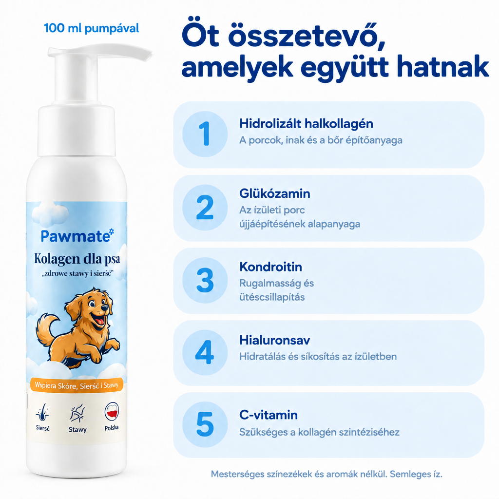 A Pawmate Kollagén kutyáknak összetétele – halkollagén, glükózamin, kondroitin, hialuronsav, C-vitamin
