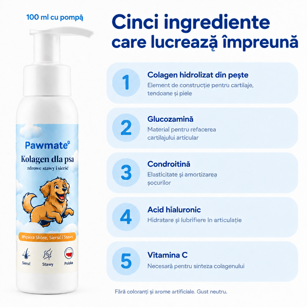 Compoziția Pawmate Colagen pentru câini – colagen din pește, glucozamină, condroitină, acid hialuronic, vitamina C