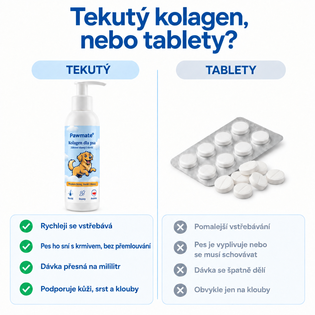 Tekutý kolagen pro psa, nebo tablety – srovnání