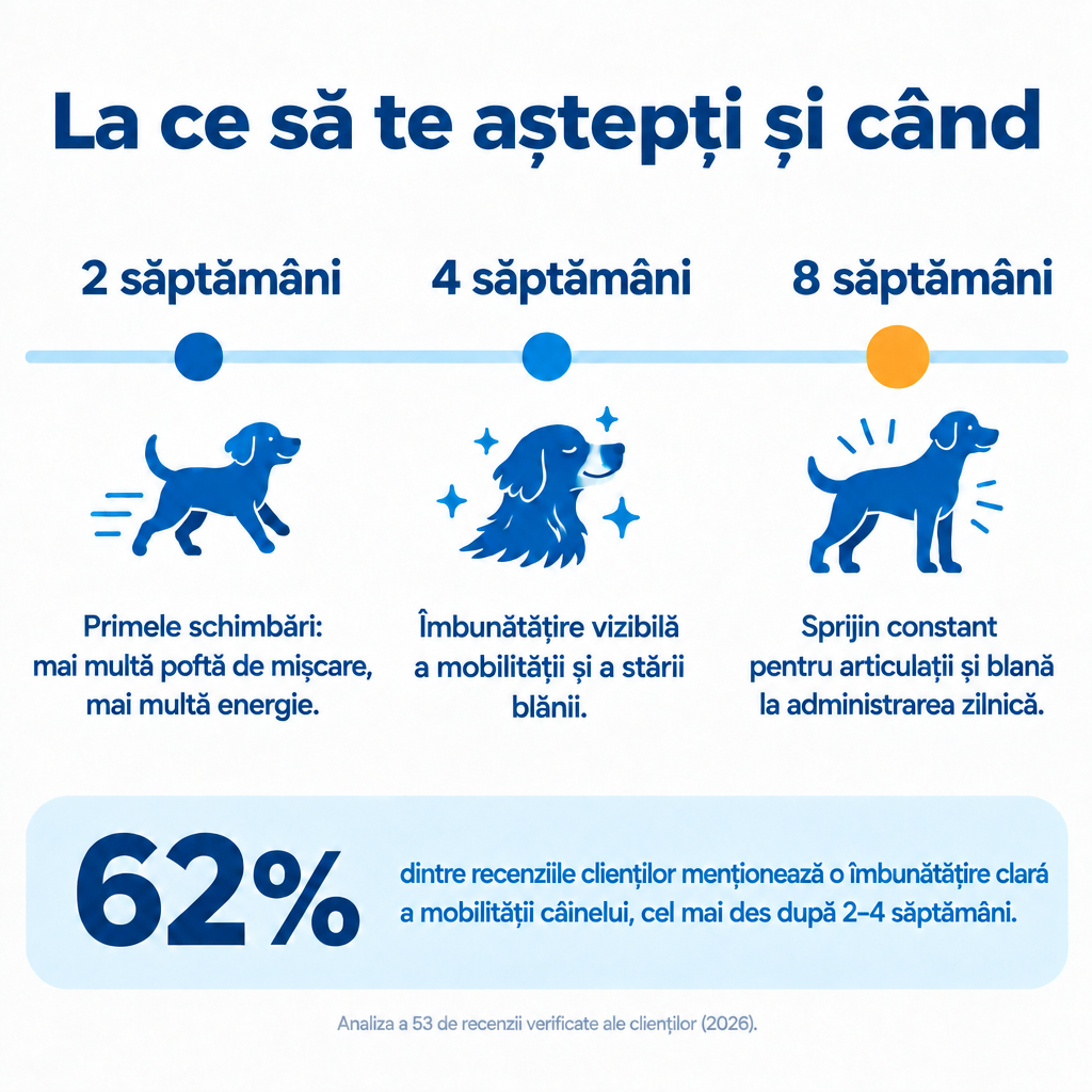 La ce să te aștepți de la Pawmate Colagen pentru câini – după 2, 4 și 8 săptămâni de administrare regulată