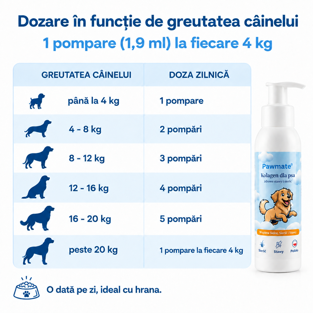 Dozarea Pawmate în funcție de greutatea câinelui – 1 pompare (1,9 ml) la fiecare 4 kg