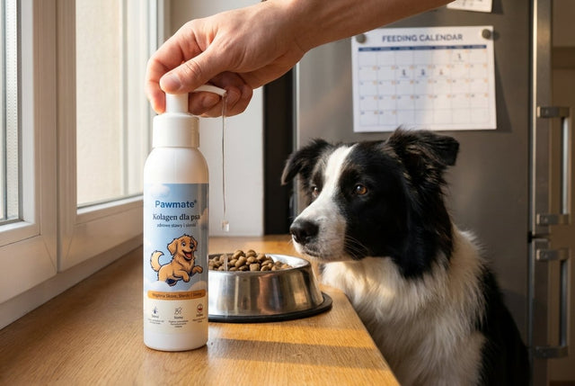 Poranna rutyna: pompka Pawmate Kolagen dla psa dozowana nad miską border collie, kalendarz karmienia w tle — ile kolagenu potrzebuje Twój pies, dawkowanie