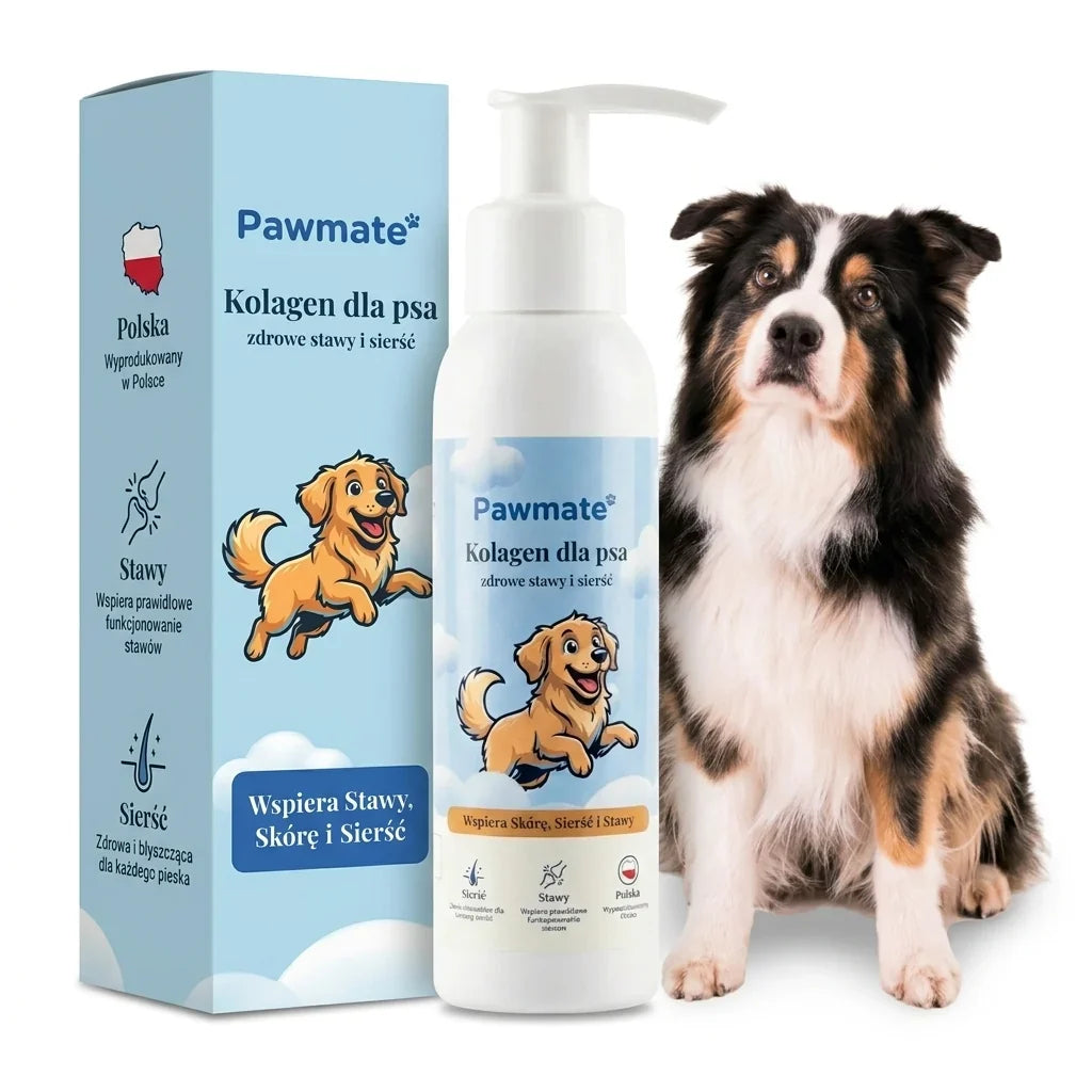 Pawmate Kolagen dla Psa - opakowanie i butelka z pompka 100 ml, obok pies